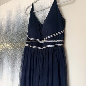 Navy Tulle Evening Gown with Beaded Sleeves